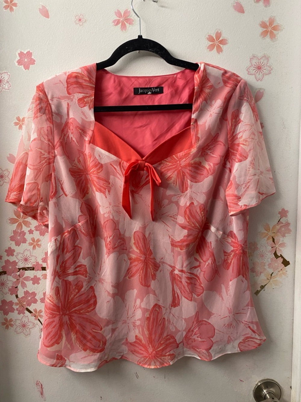 Jacques Vert Coral-Pink Floral Tie-Neck Blouse